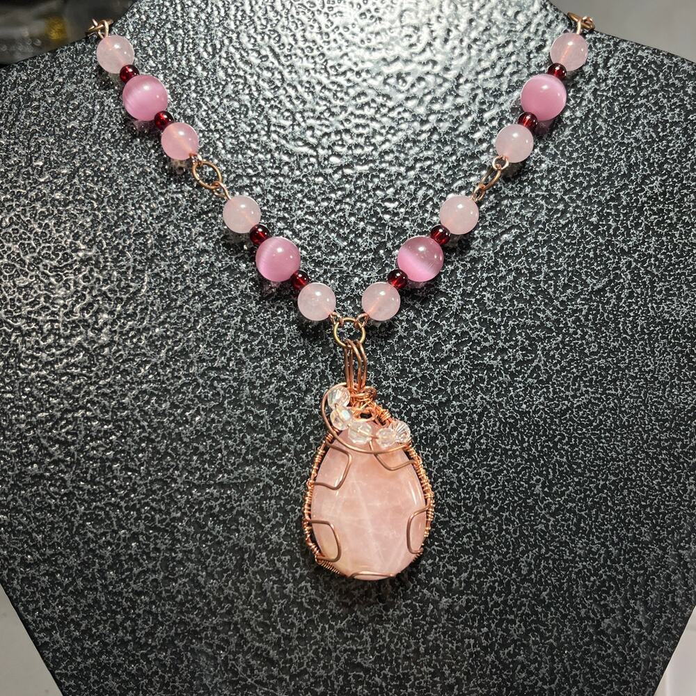Rose Quarts 1 1/4 " Teardrop Cabochon Copper Bezel wrap 20" - Picture 2 of 4